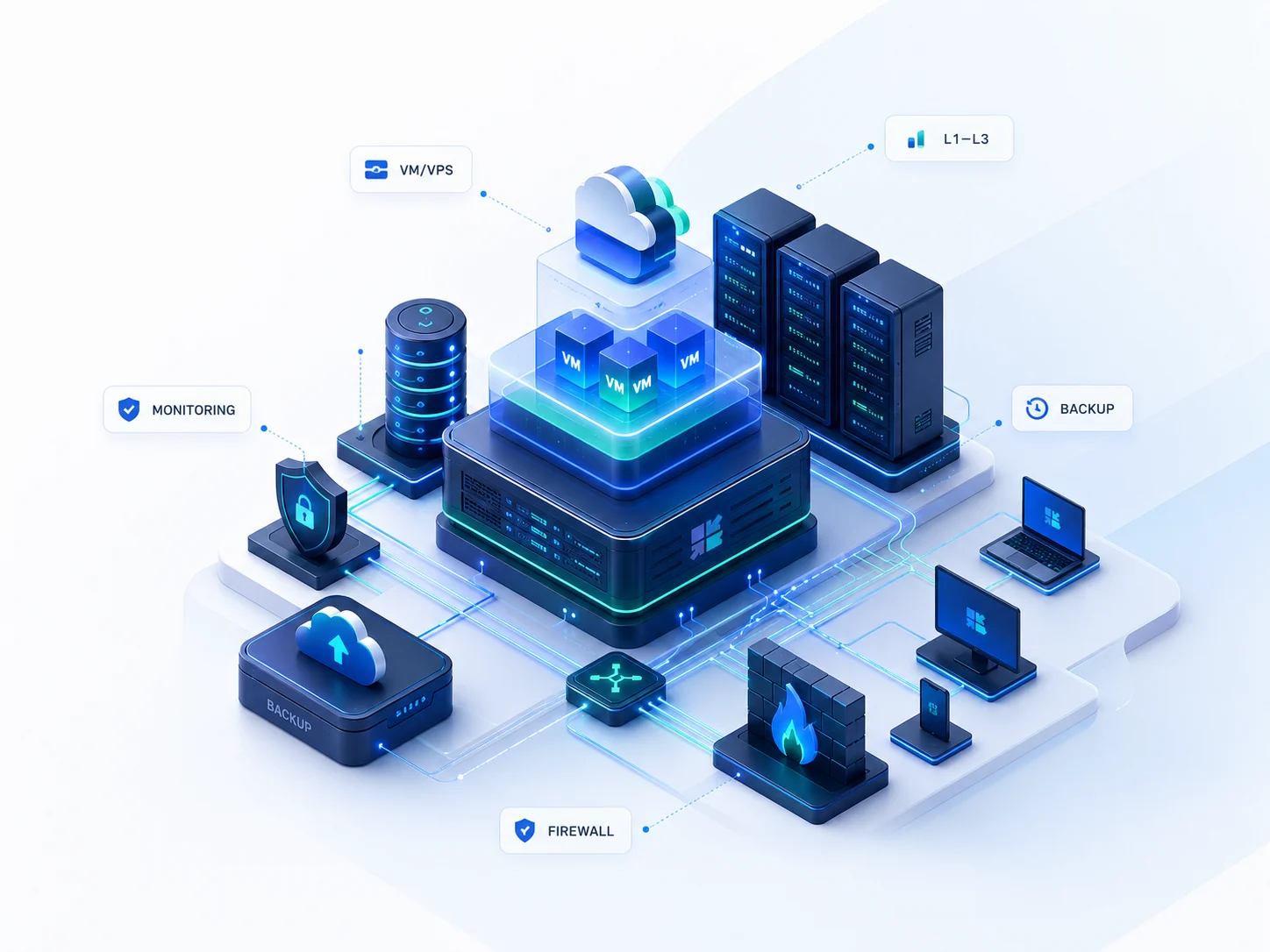 KanorIT infrastruktúra: VM/VPS, szerverek, hálózat, monitoring, backup és tűzfal